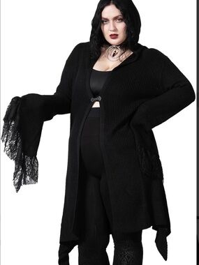 Killstar Black Hooded Lace-Trim Plus Size Knit Cardigan NWT Halloween Top